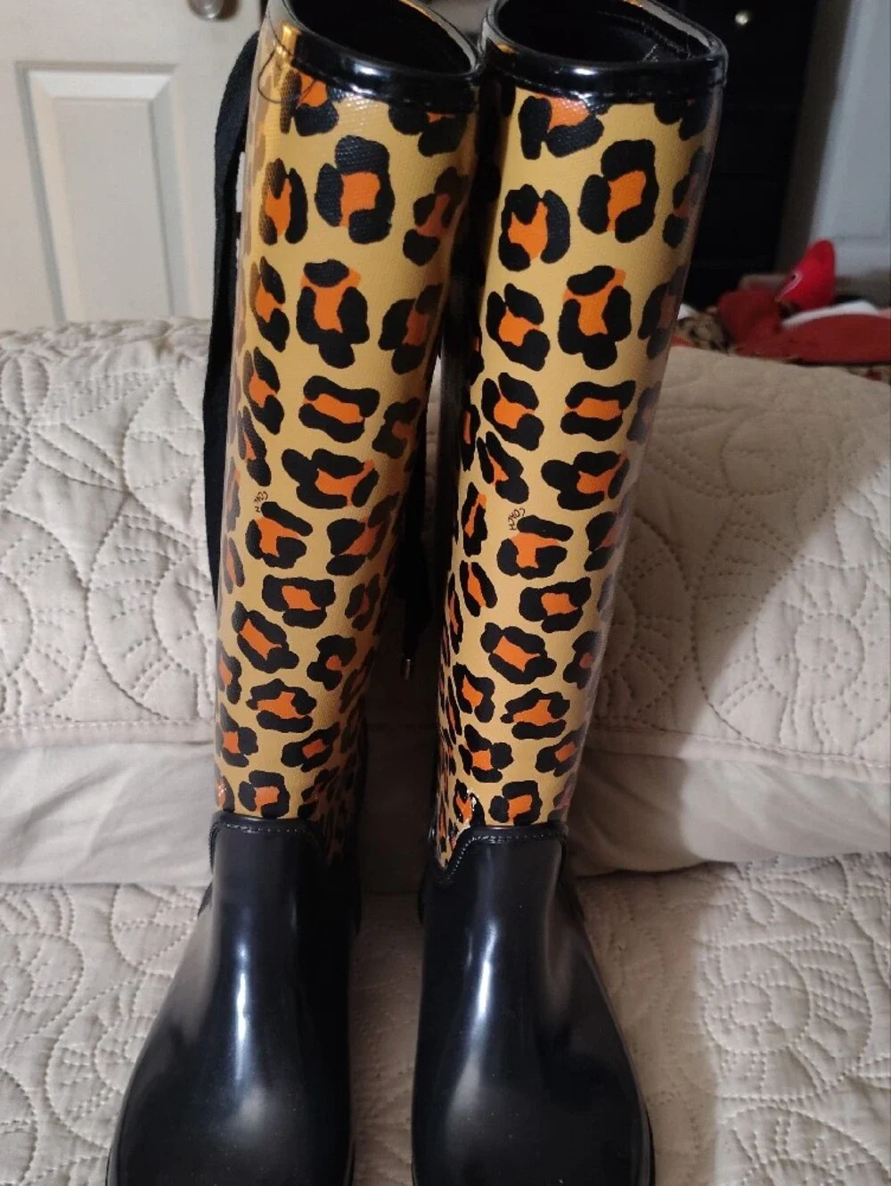 Coach Leopard Print Tall Rain Boots in Black and Tan